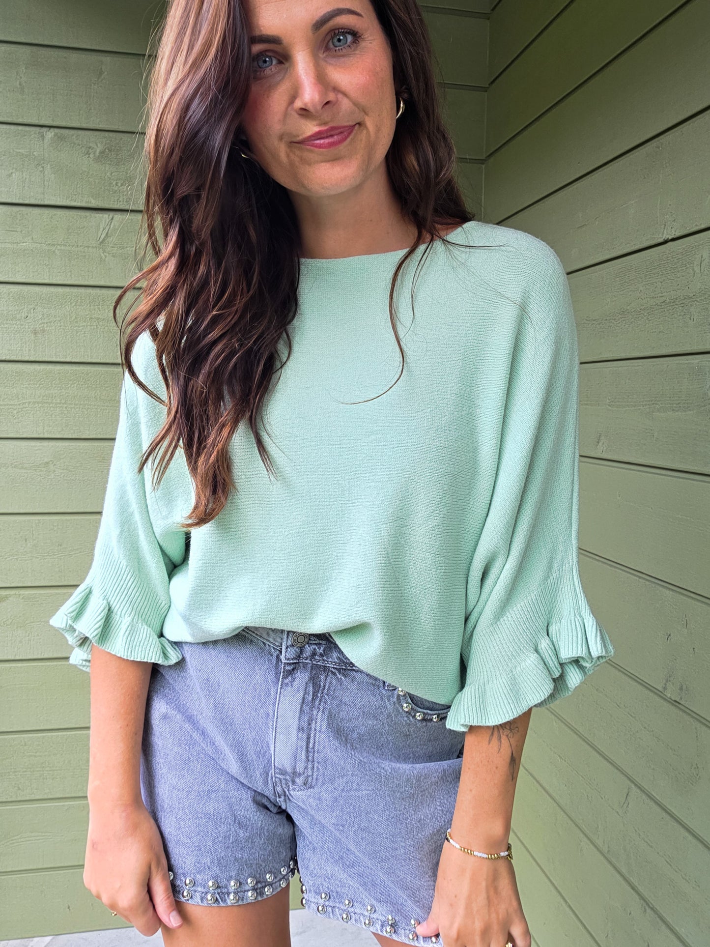 Trui met Roezel Mouw - Mint Groen