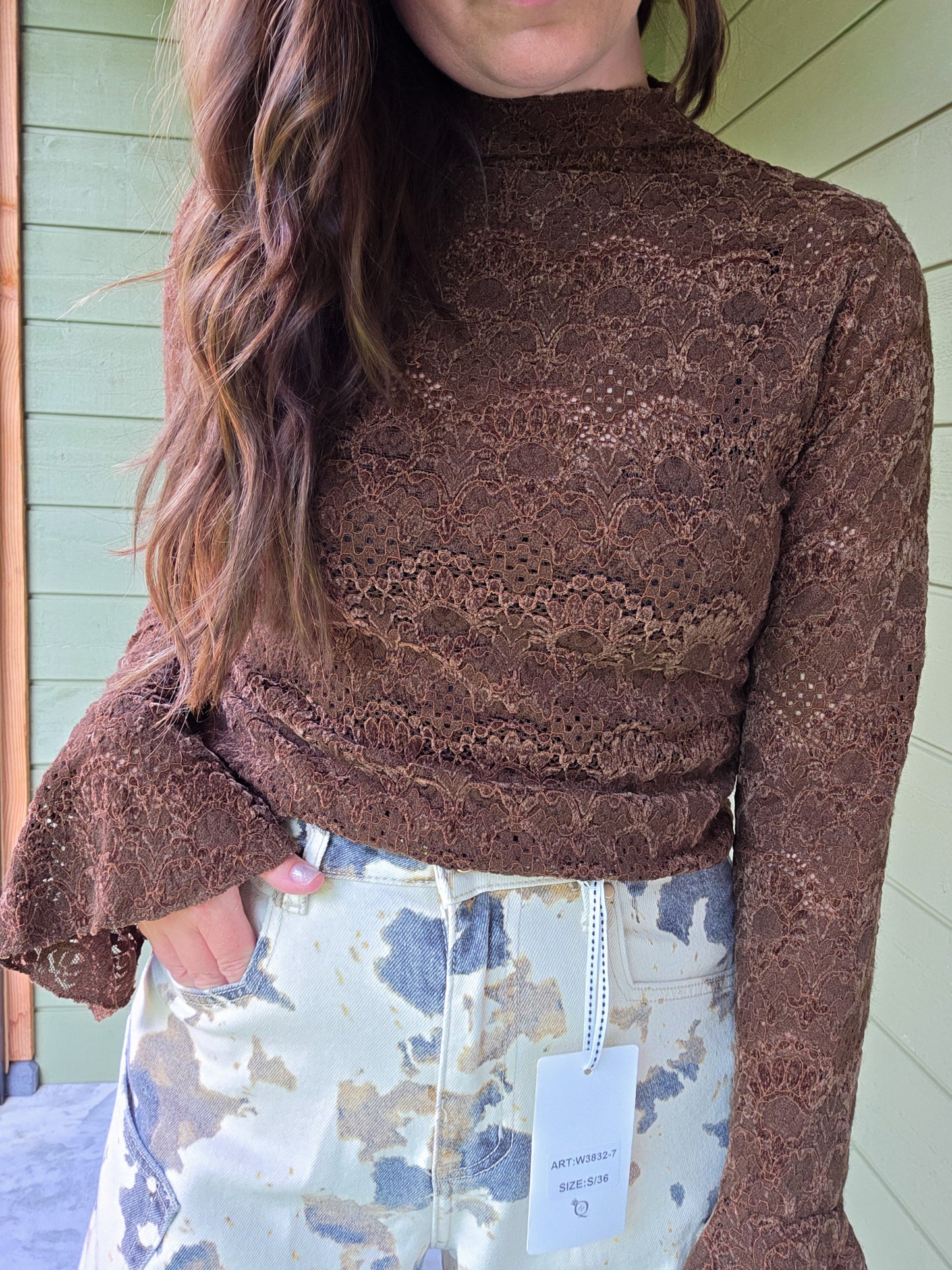 Kanten Top Met Flair Mouw - Brown