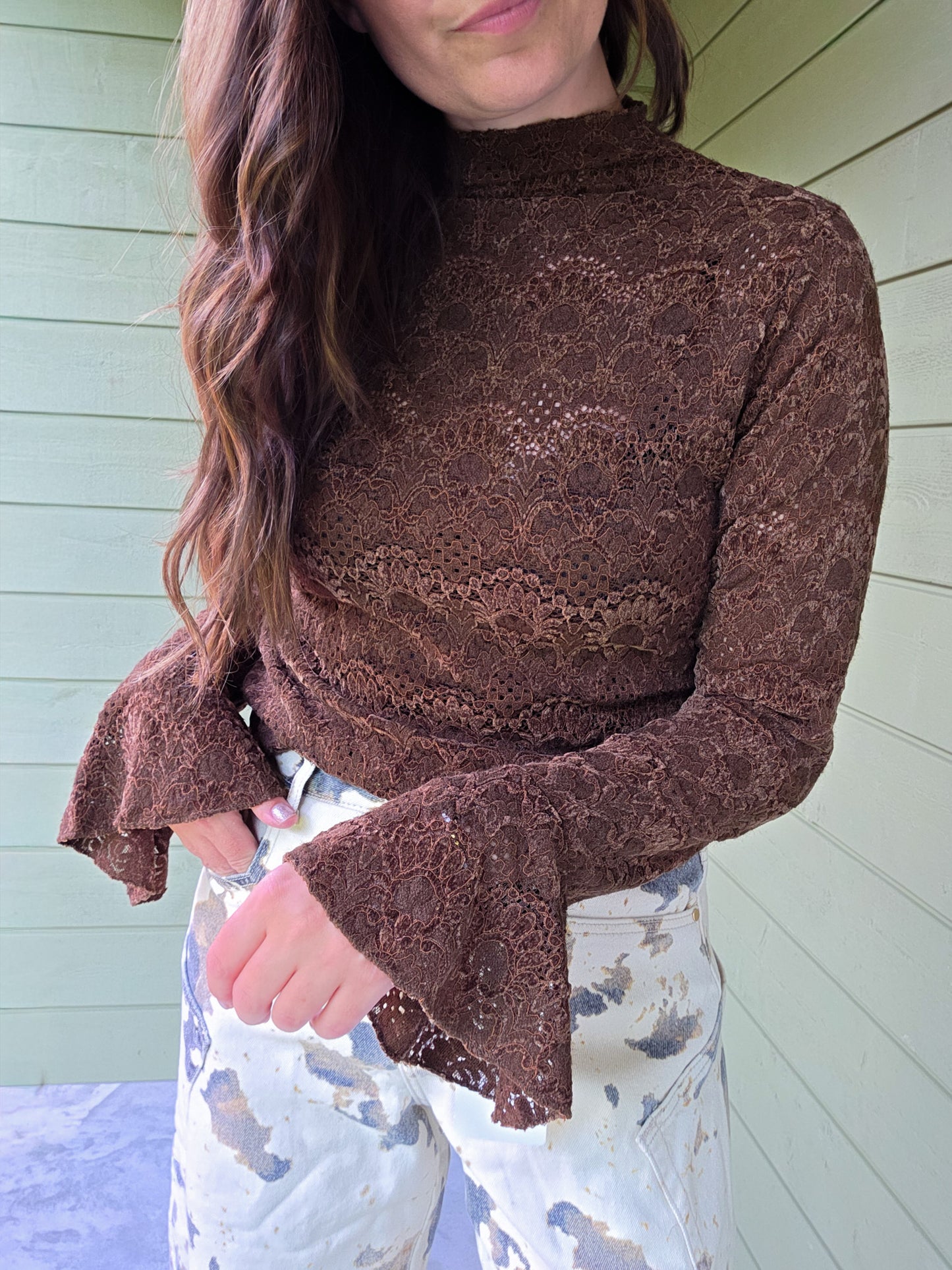 Kanten Top Met Flair Mouw - Brown