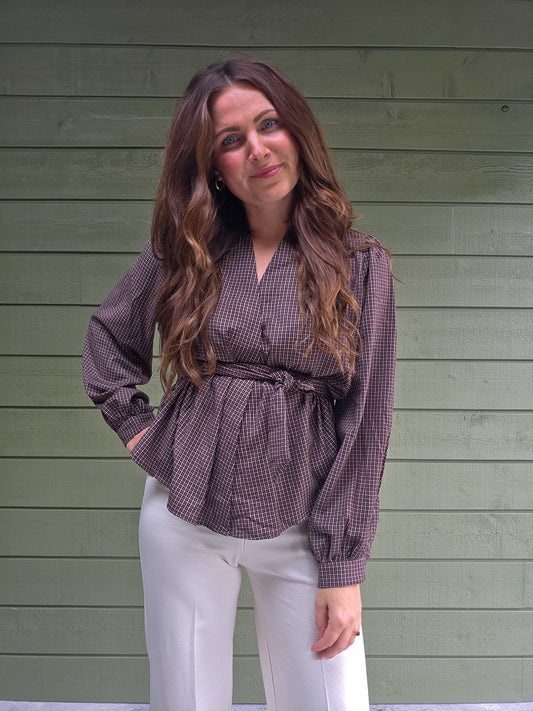 Check Tie Blouse Brown