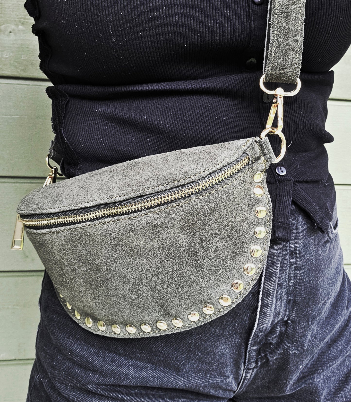 Suède Look Crossbody Tasje met Gouden Studs - Green